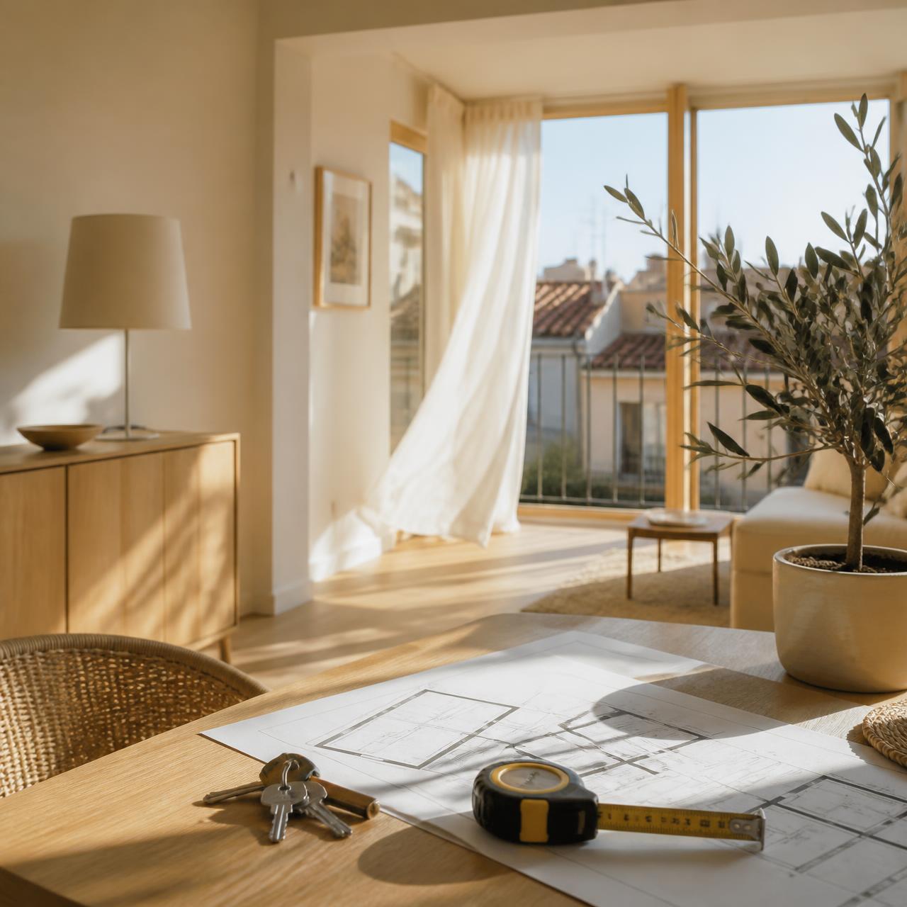 Interior luminoso de una vivienda en verano con llaves, cinta métrica y un plano sobre la mesa